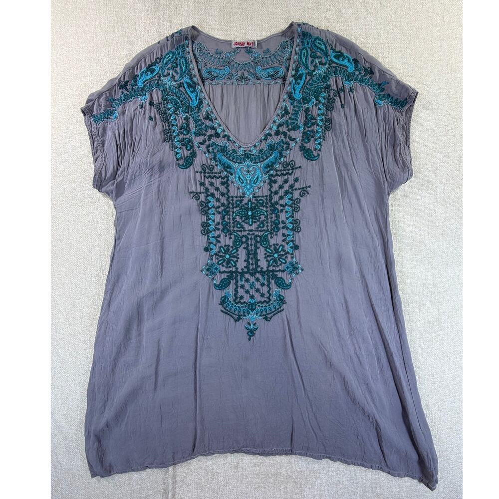 Johnny Was Women's XL Gray Paisley Embroidered V Neck Short Sleeve Boho Tunic